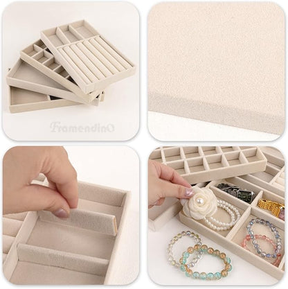 Framendino, 4 Pack Beige Velvet Jewelry Trays Stackable Organizer Drawer - Image 7