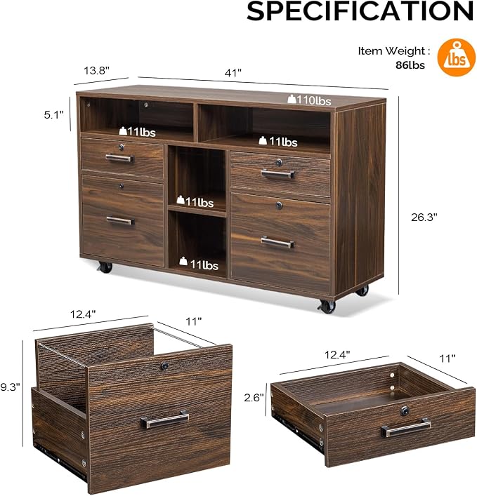 VINGLI Dark Brown Wood Lateral File Cabinet - Image 3