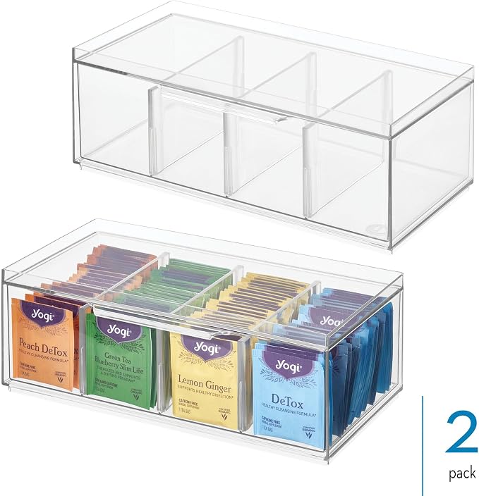 iDesign XL Tea Bag Organizer, 4-Section Clear Stackable, Storage Drawer - Image 2