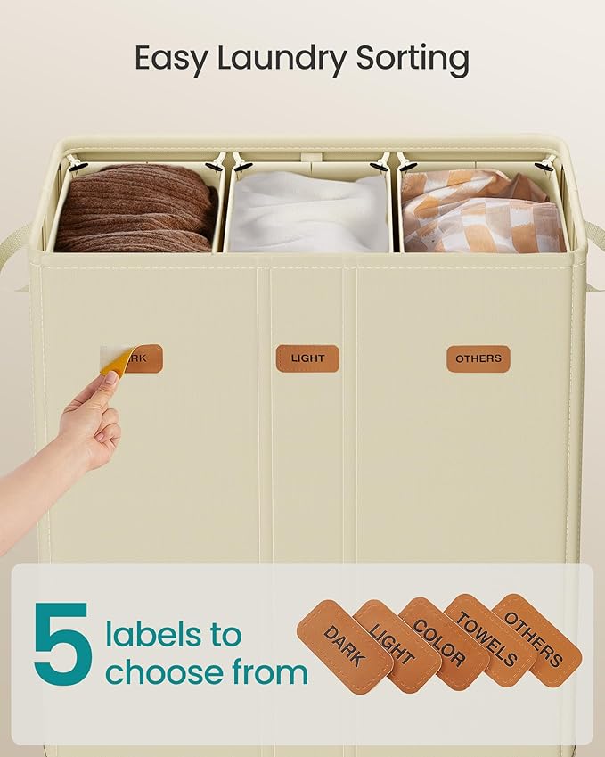 SONGMICS 47.6 Gallon Laundry Hamper, 3-Compartment Laundry Basket Sorter - Image 4