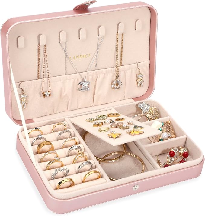 LANDICI Small Jewelry Box for Women Girls, PU Leather Travel Jewelry Case by LANDICI