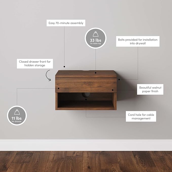 Nathan James Jackson Wall Mounted Floating Bedroom Nightstand - Image 4