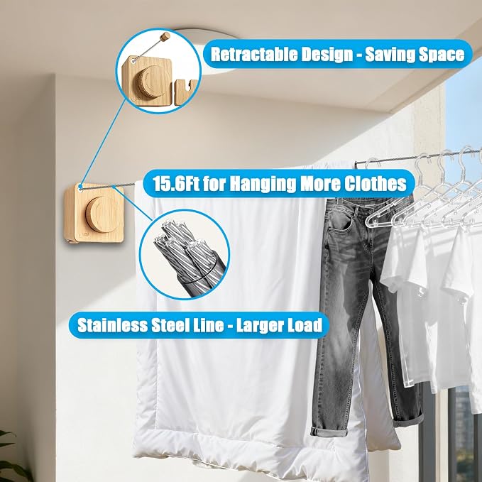 Retractable Clothesline Indoor & Outdoor, 17.4Ft Non-Sagging Stainless Steel - Image 2