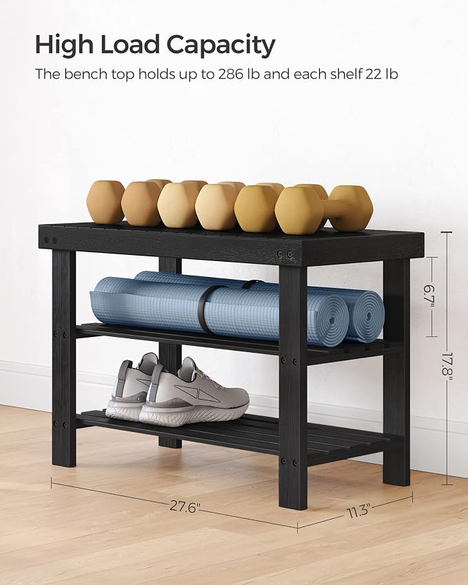 SONGMICS Shoe Rack Bench, 3-Tier Bamboo Shoe Storage Organizer, Entryway Bench - Image 3