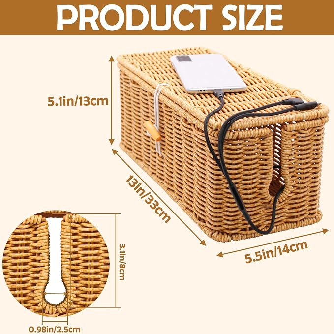Cable Management Box, Handmade Imitation Rattan Cord Cable Organizer, Open - Image 2
