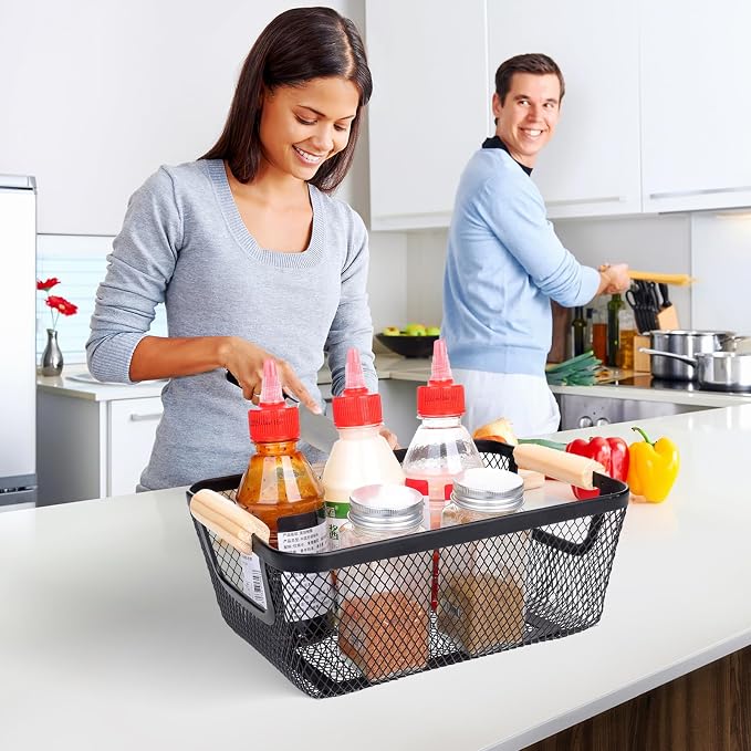 6 Pack Black Wire Basket with Wooden Handle, Storage Bins - Image 6