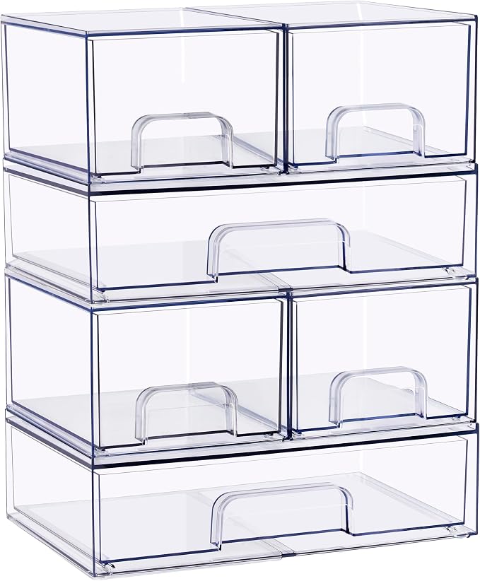 Sorbus Stackable Acrylic Storage Drawers – 4 Small + 2 Wide – 6 Pack Clear - Image 7
