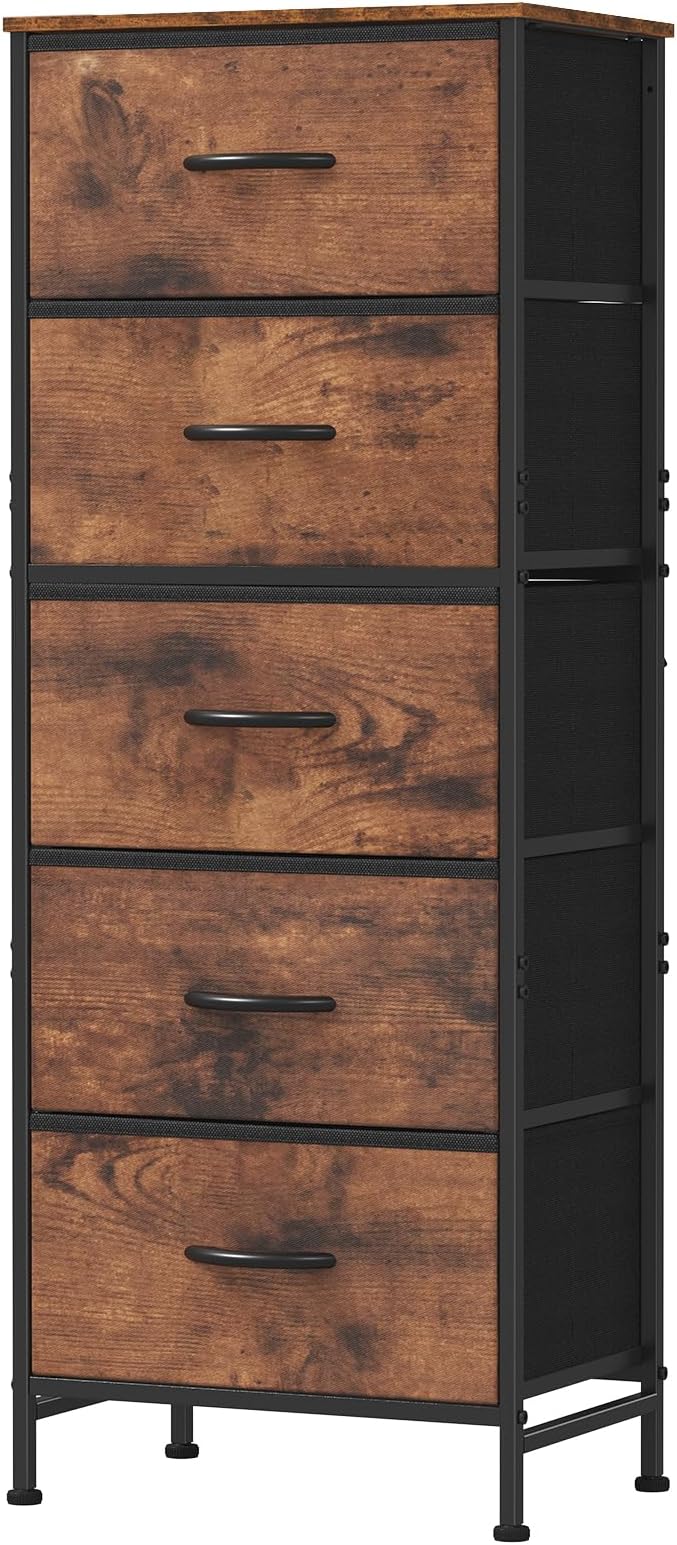 DUMOS Nightstand with 5 Drawers, Bedside Table with Removable Fabric Bins by DumosLifestyle