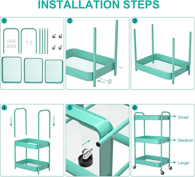 3-Tier Rolling Cart, Metal Utility Storage Carts - Image 5