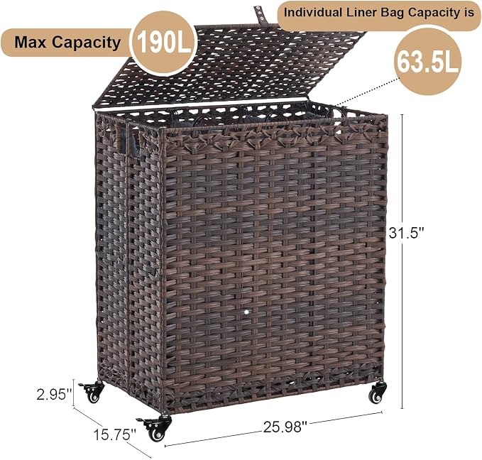 Laundry Hamper with Wheels&Lid, 50.2 Gallons Rolling Laundry Basket with Wheels - Image 4