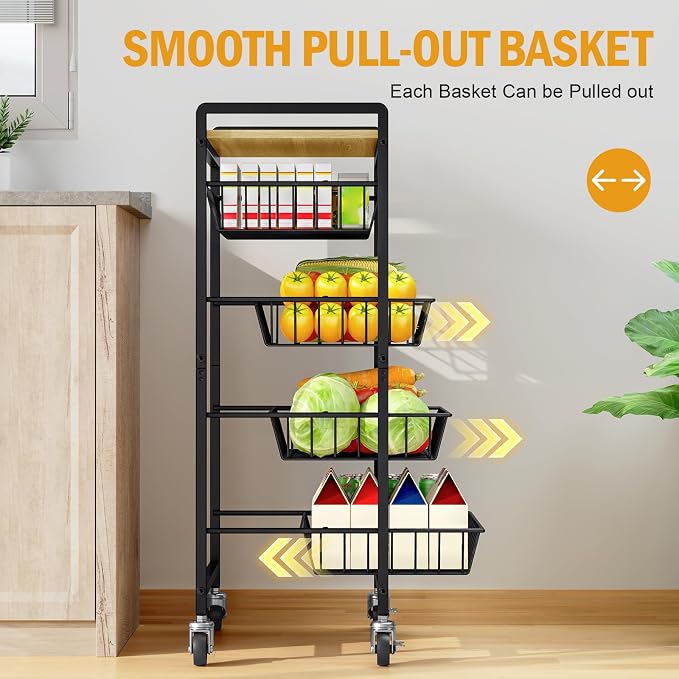 TOOLF 5 Tier Kitchen Storage Cart, Metal Utility Rolling Snack Cart | Wooden - Image 6