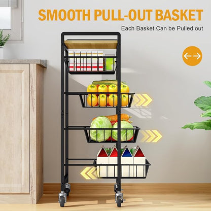 TOOLF 5 Tier Kitchen Storage Cart, Metal Utility Rolling Snack Cart | Wooden - Image 6