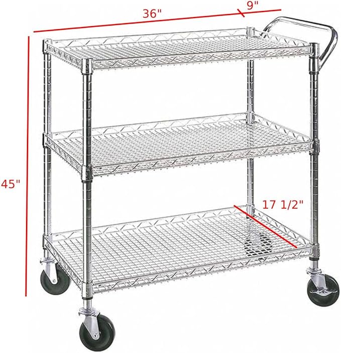 Heavy Duty 3 Tier Rolling Utility Kitchen Cart on Wheels, Large 45"L x 17 1/2"D - Image 2