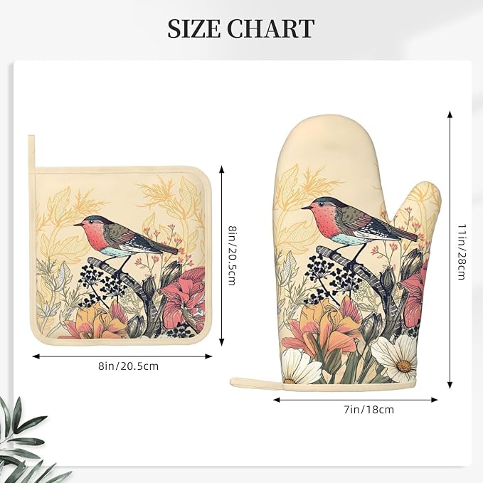 Bird Floral Oven Mitts and Pan Racks, Silicone Non-Slip Vintage Garden Bird - Image 3