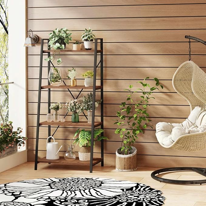 BON AUGURE Industrial Ladder Shelf Bookcase, 4 Tier Rustic Ladder Bookshelf - Image 8