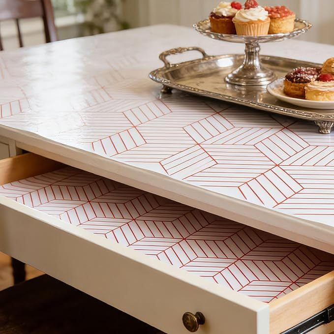 Red Geometric Pattern Shelf Liner, Non-Adhesive Non-Slip Thickened Drawer Liner - Image 7