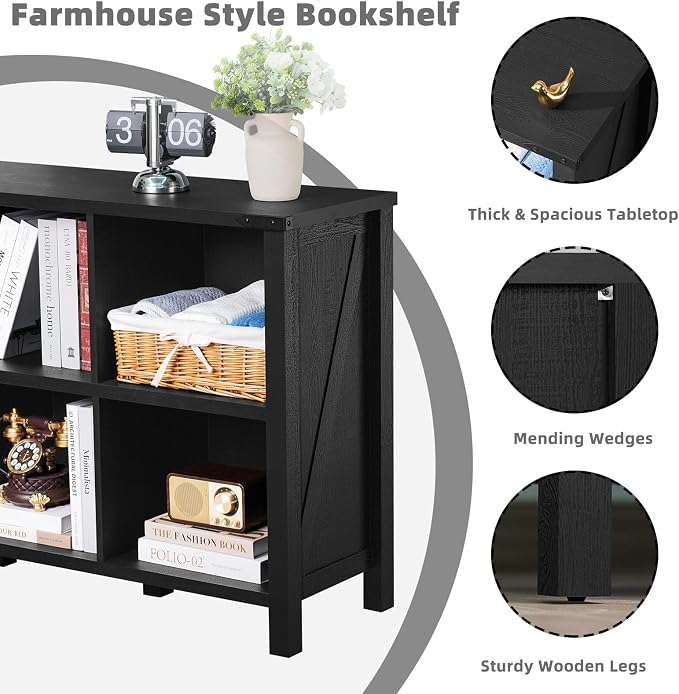 6 Cube Bookcase, Farmhouse Wood Low Storage Organizer Book Shelf, Hallway Book - Image 3