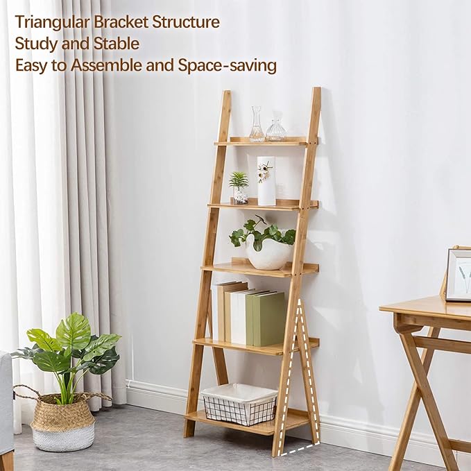 DOUSY- 5-Tier Bamboo Ladder Shelf Ladder Bookshelf Plant & Flower Stand Bookcase - Image 5