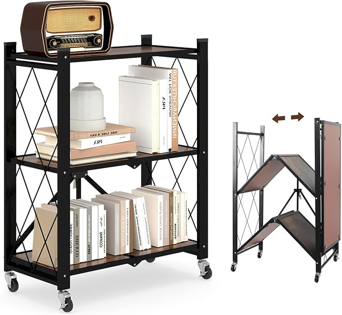 3 Tier Folding Shelf with Wheels, Wood and Metal Bookshelf | No Assembly by YUANJIMI