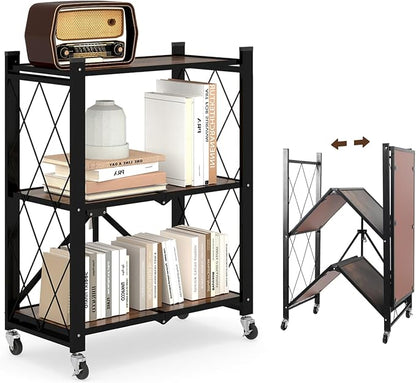 3 Tier Folding Shelf with Wheels, Wood and Metal Bookshelf | No Assembly by YUANJIMI