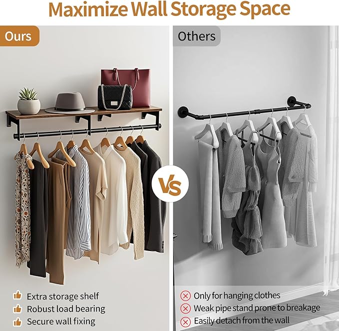 Luxspire Wall Mounted Clothes Rack, 43.3inch Clothing Racks - Image 3