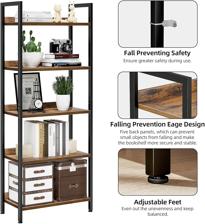 NUMENN Bookshelf, 5 Tier Freestanding Shelving Unit, Vintage | Metal Frame & - Image 6