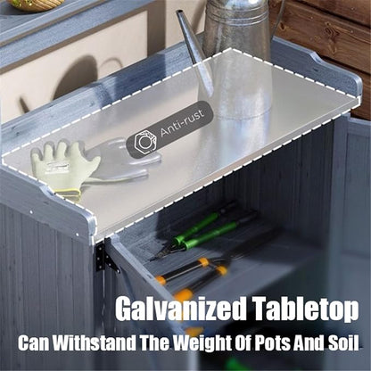 Outdoor Potting Bench with Storage Cabinet and Metal-Plated Tabletop, Top - Image 4