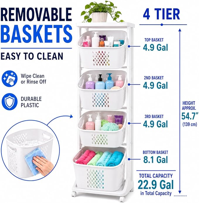 Japard Rolling Laundry Hamper Ultra Slim 22.9 Gal, 4 Sorter Vertical Stackable - Image 2