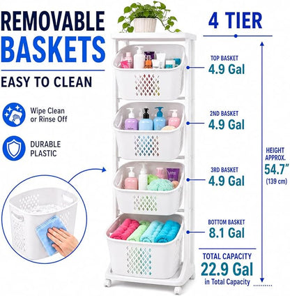 Japard Rolling Laundry Hamper Ultra Slim 22.9 Gal, 4 Sorter Vertical Stackable - Image 2