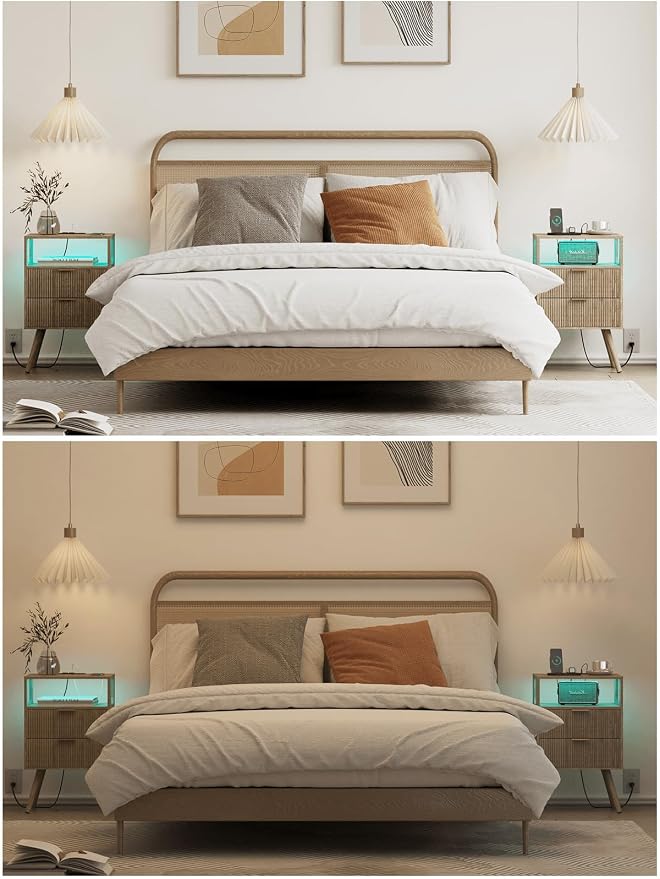 Nightstand with Charging Station and LED Lights, Modern Bedside Table with 2 - Image 3