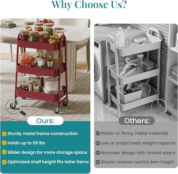 NEWBULIG 3-Tier Metal Rolling Cart - Image 7