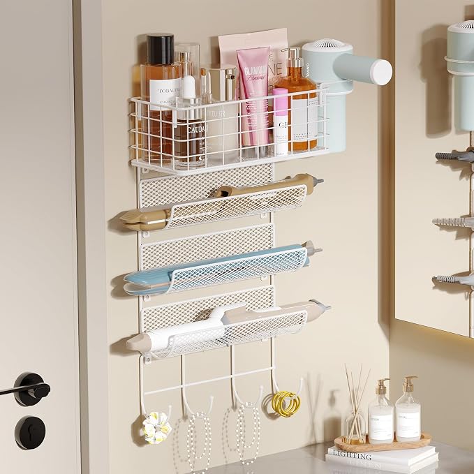 Wall-Mounted Hair Dryer Holder Styling Tool Organizer 4-Shelf Storage Wire by Sonyabecca