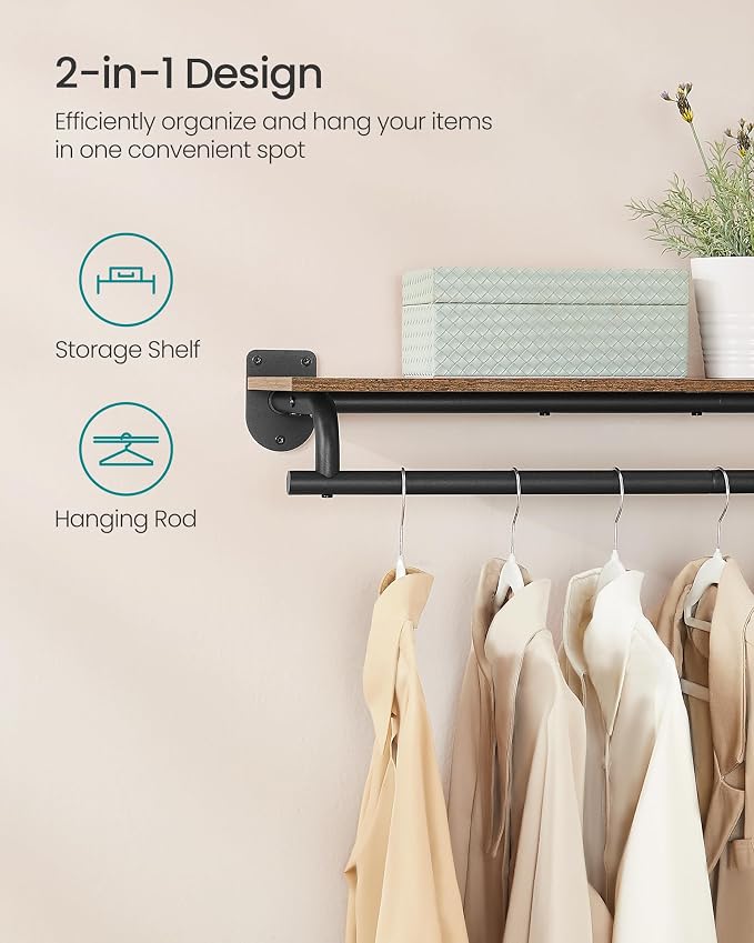 SONGMICS Clothes Rack with Top Shelf, Wall Mounted Clothing Rack, with Hanging - Image 3