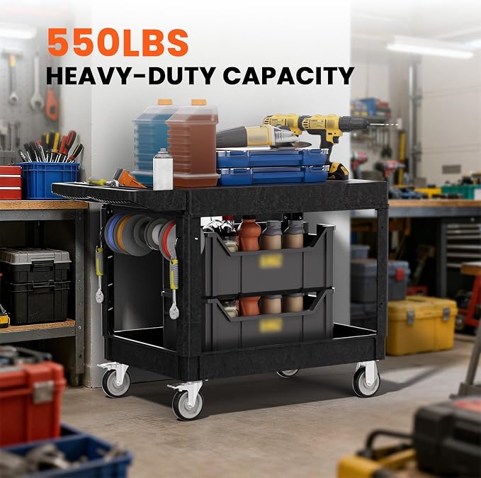 2 Tier Plastic Rolling Utility Cart on Wheels, Heavy Duty Tool Cart - Image 4