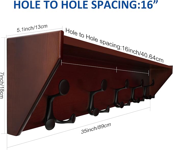 WEBI Wall Shelf with Hooks Underneath, 35” Long Wall Mounted Coat Rack with - Image 6