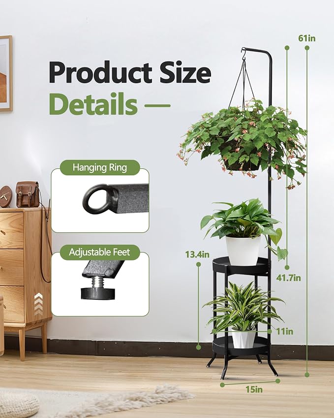 RINBOU 2Pcs Hanging Plant Stand Indoor Outdoor, Space-Saving Corner Metal Plant - Image 2