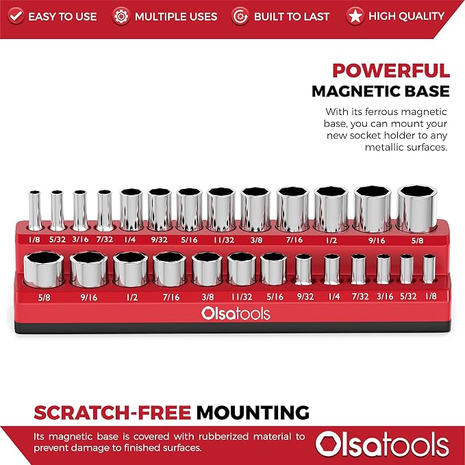 Olsa Tools Magnetic Socket Organizer | 1/4-inch Drive | SAE | RED | Holds 26 - Image 4