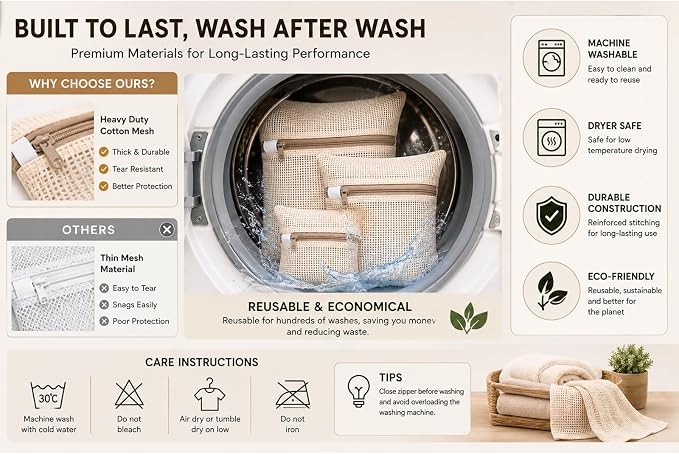 Cotton Mesh Laundry Bags, Clothes and Shoes, Natural Breathable Washer and - Image 5