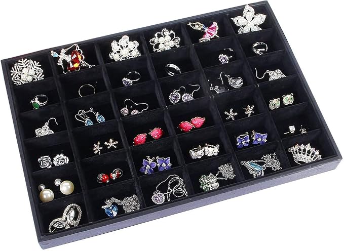 Black Velvet Stackable 36 Compartments Jewelry Tray Showcase Display Organizer by Pimuza