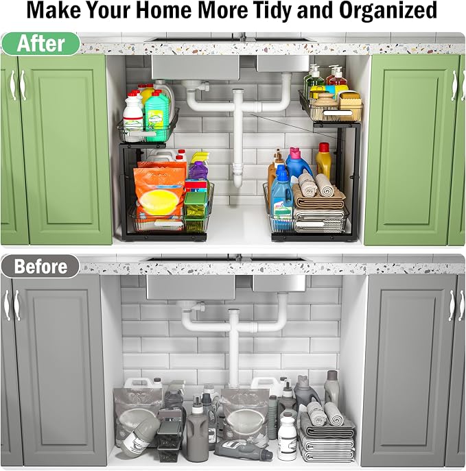 ARSTPEOE 2 Pack Double Sliding Under Sink Organizers and Storage, Two Tier - Image 5