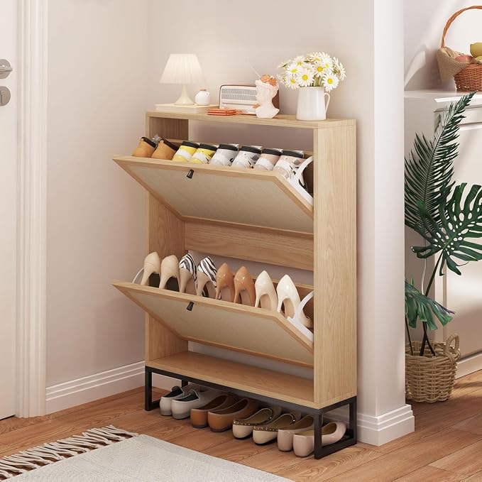 Rattan Shoe Cabinet with 2 Flip Drawers, Simple Setup Hidden Shoe Rack by HenstatechWarmFurniture