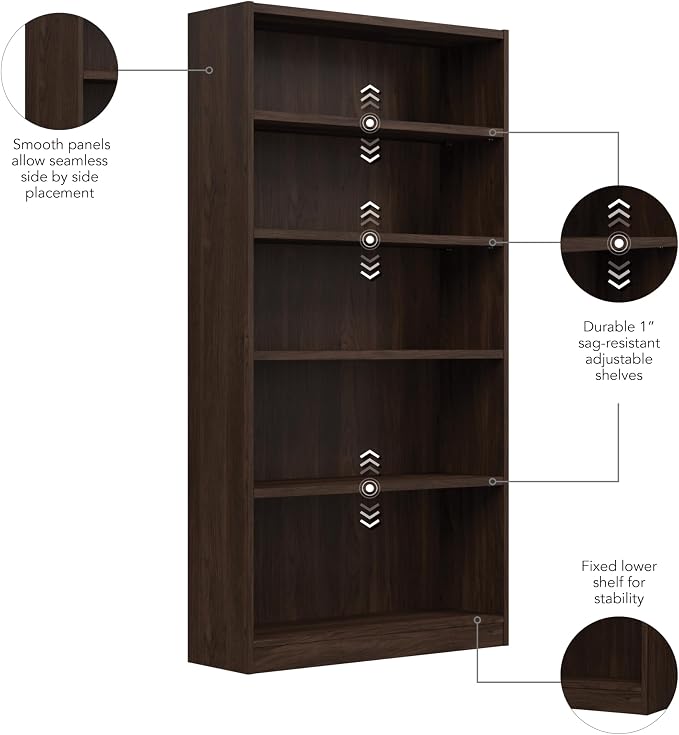 Bush Furniture Universal Tall 5 Shelf Bookcase in Black Walnut, Vertical - Image 6