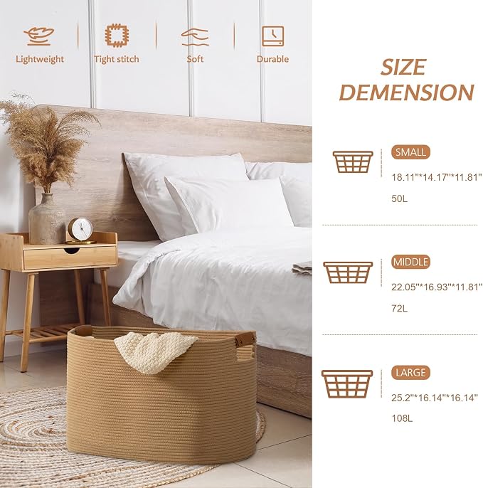 danpinera Large Blanket Basket for Living Room, 72 L Woven Cotton Rope Baskets - Image 3