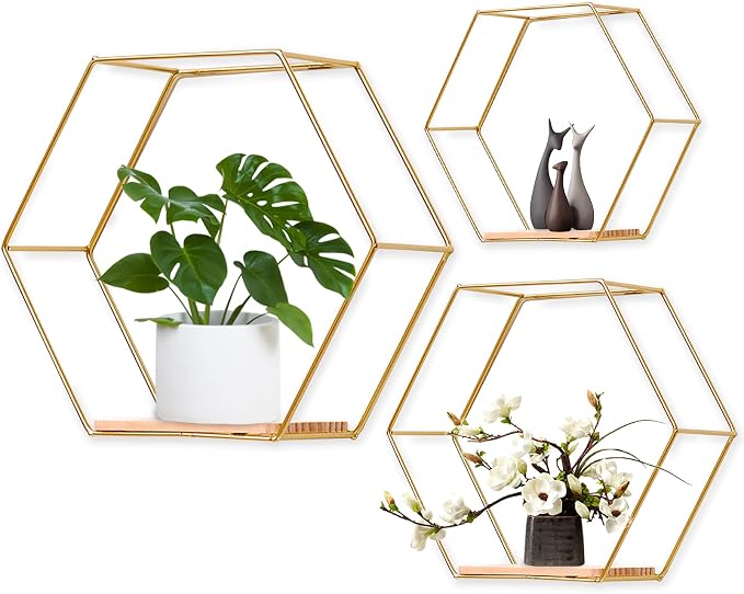 Wall Mounted Hexagonal Floating Shelves Set of 3 in Different Sizes, Modern by F+FINEC
