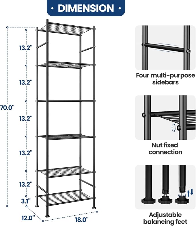 Abiglifty Storage Shelves, 6-Tier Metal Shelving, Closet Shelves - Image 2