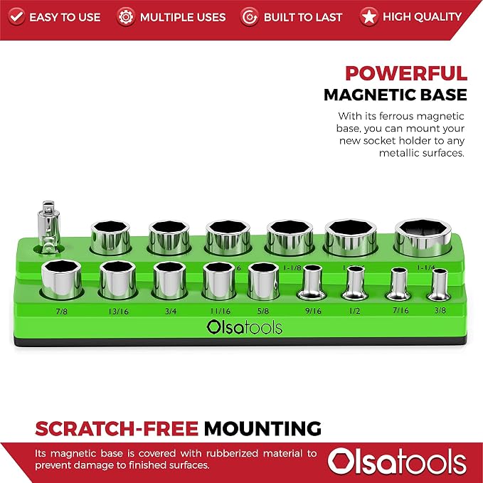 Olsa Tools Magnetic Socket Organizer | 1/2-inch Drive | SAE | Green | Holds 16 - Image 4