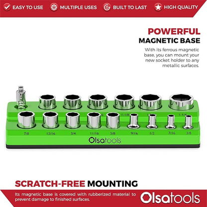 Olsa Tools Magnetic Socket Organizer | 1/2-inch Drive | SAE | Green | Holds 16 - Image 4