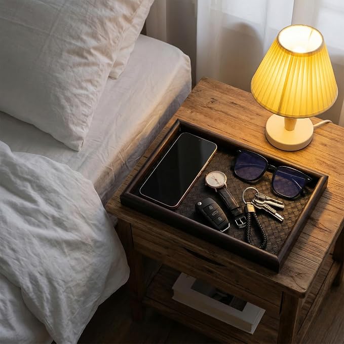 2Pcs Wooden Valet Tray with Leather Base, 11.8 x 7.87inches Entryway Bedside - Image 4