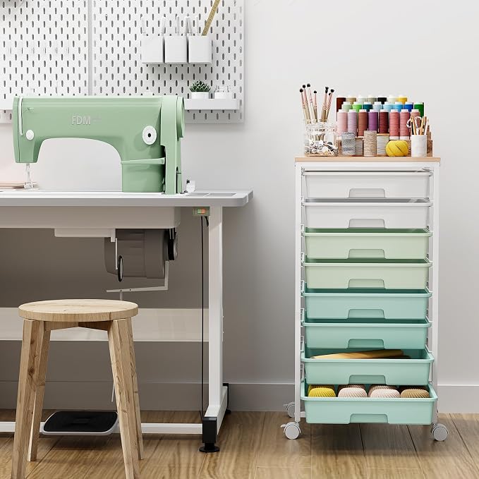 Storage Cart with 8 Drawers, Utility Cart with White Drawers and Wooden Tabletop - Image 6