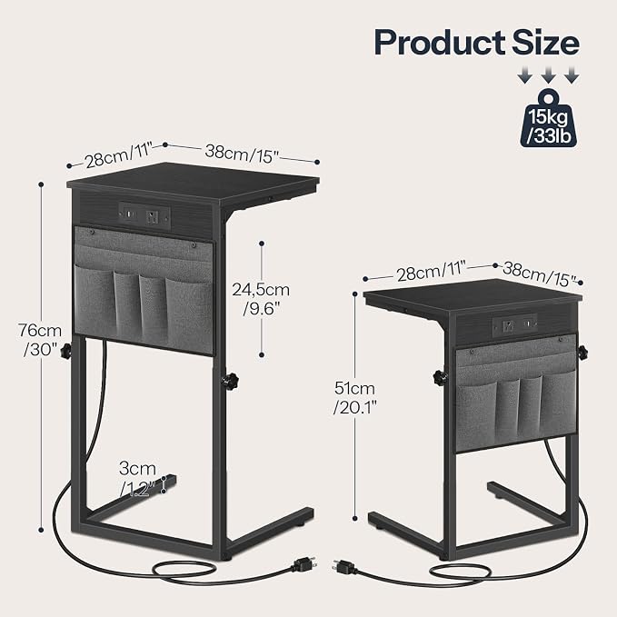 HOOBRO C Shaped End Table with Charging Station, 30” Adjustable Height Sofa - Image 5
